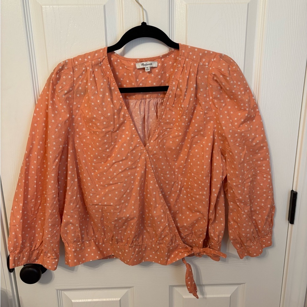 Madewell Peach Star Print Wrap Top Tie Waist Boho Blouse XL 100% cotton